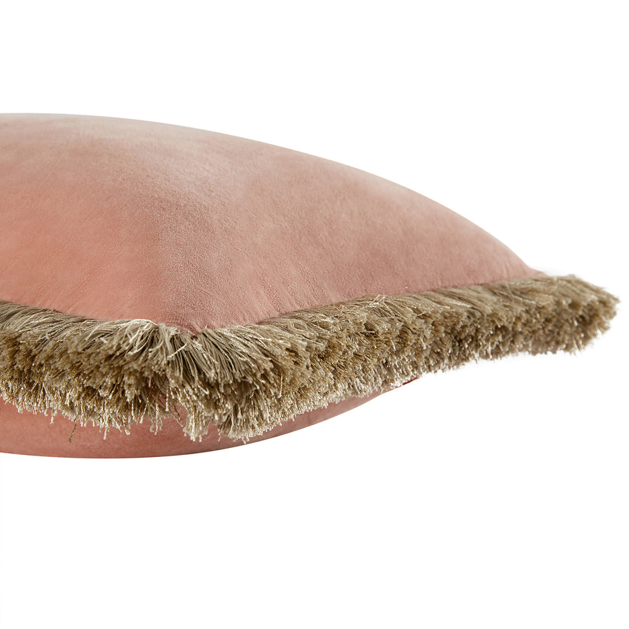 Kyra Flamingo Pink Cotton Velvet Natural Fringed Lumbar Cushion