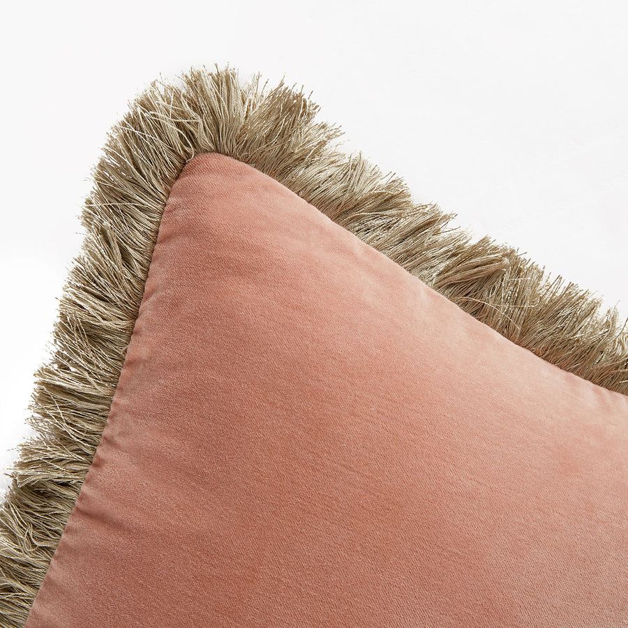 Kyra Flamingo Pink Cotton Velvet Natural Fringed Lumbar Cushion