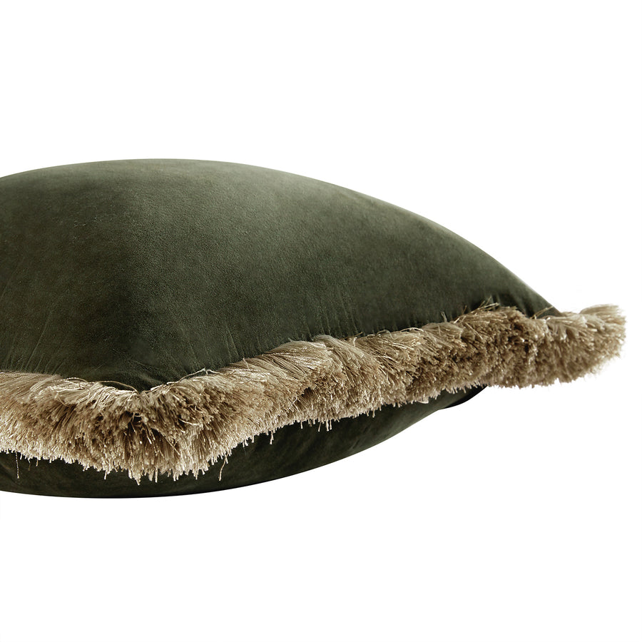 Kyra Seaweed Green Cotton Velvet Natural Fringed Cushion - daals