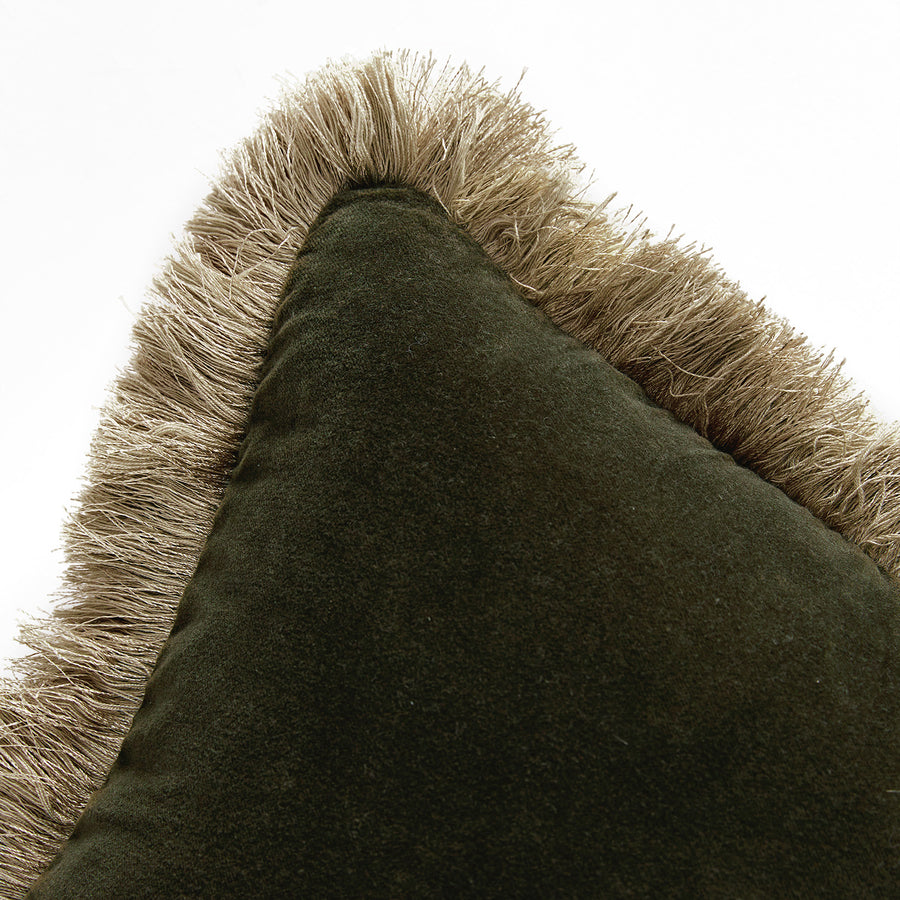 Kyra Seaweed Green Cotton Velvet Natural Fringed Cushion - daals