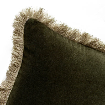 Kyra Seaweed Green Cotton Velvet Natural Fringed Rectangular Cushion