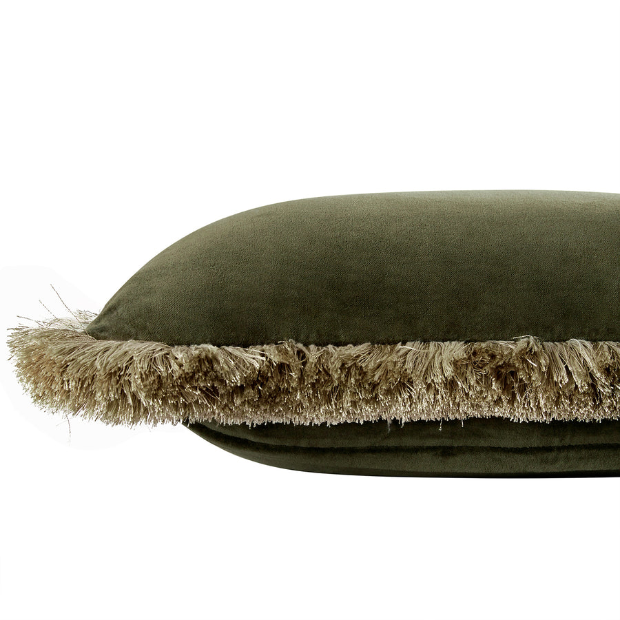 Kyra Seaweed Green Cotton Velvet Natural Fringed Rectangular Cushion