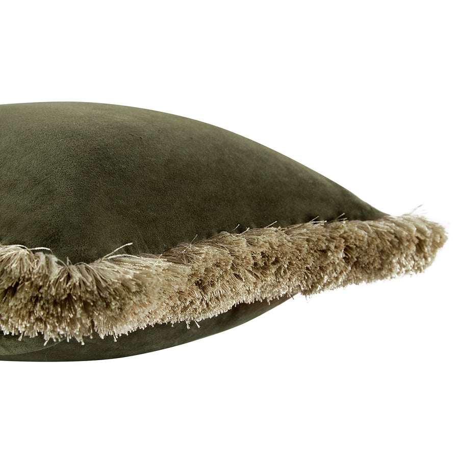 Kyra Seaweed Green Cotton Velvet Natural Fringed Rectangular Cushion