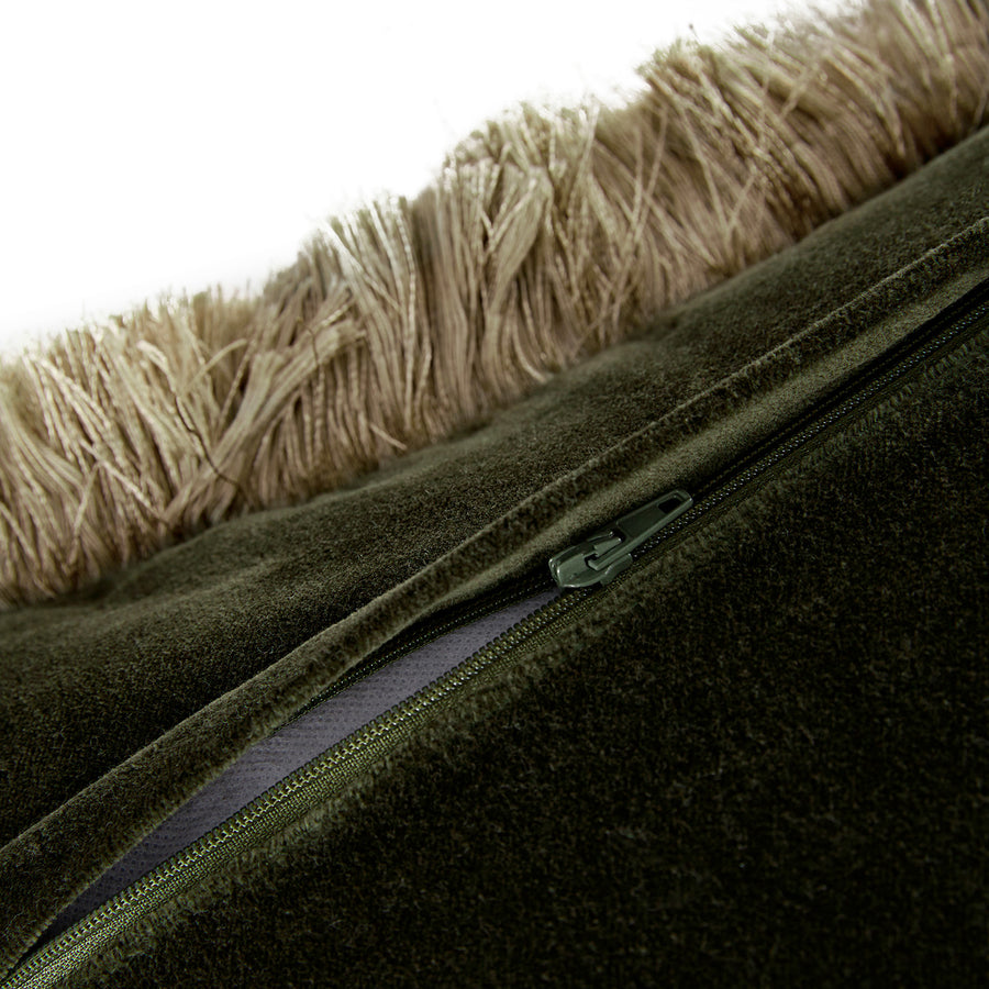 Kyra Seaweed Green Cotton Velvet Natural Fringed Rectangular Cushion