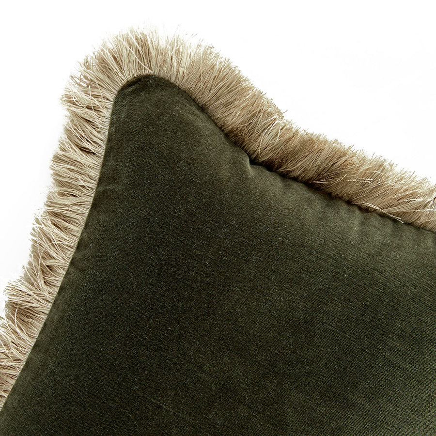 Kyra Seaweed Green Cotton Velvet Natural Fringed Lumbar Cushion