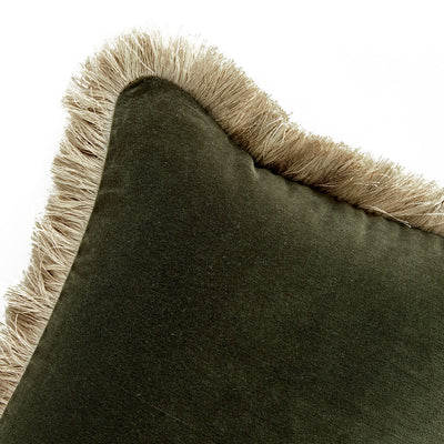 Kyra Seaweed Green Cotton Velvet Natural Fringed Lumbar Cushion