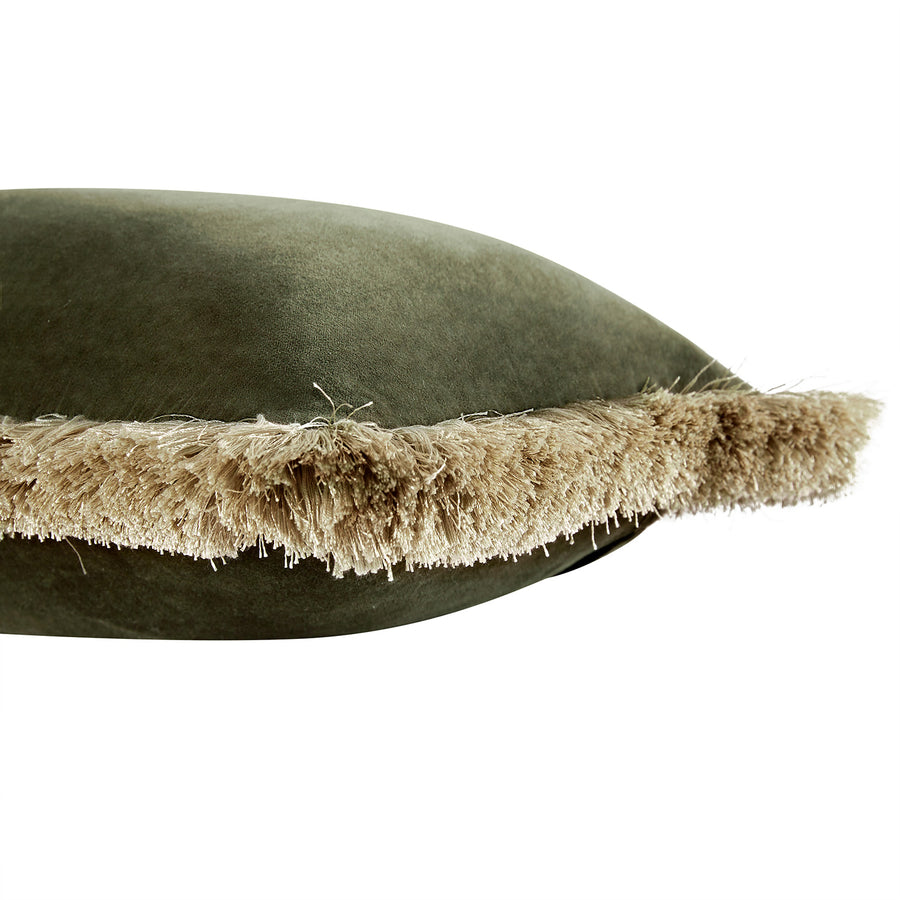 Kyra Seaweed Green Cotton Velvet Natural Fringed Lumbar Cushion