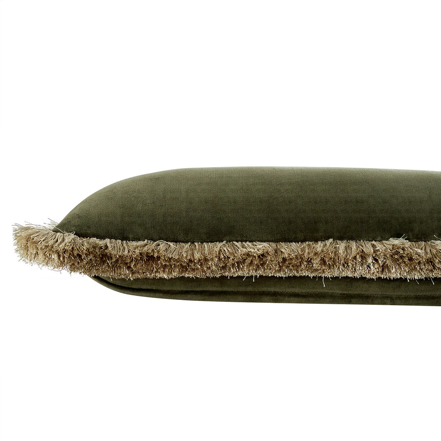 Kyra Seaweed Green Cotton Velvet Natural Fringed Lumbar Cushion