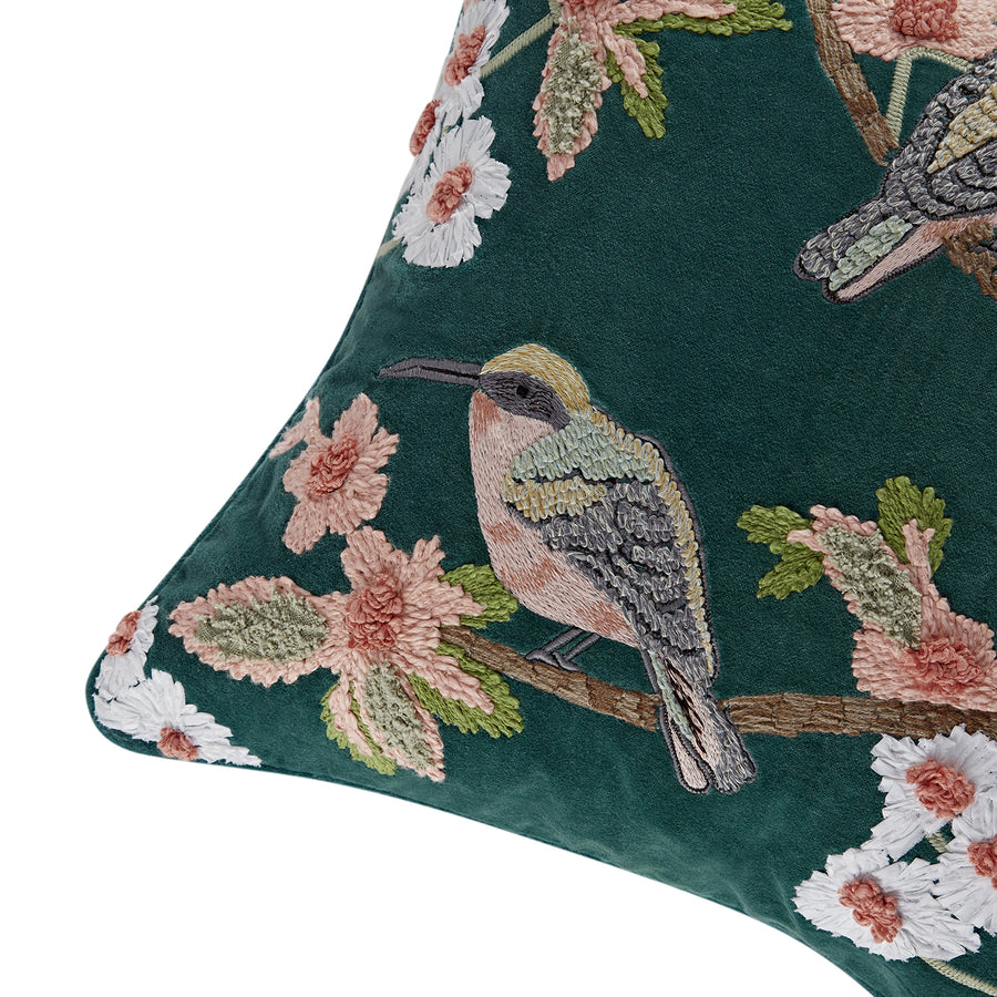 Lula Teal Meadow Serenade Embroidered Cotton Velvet Cushion