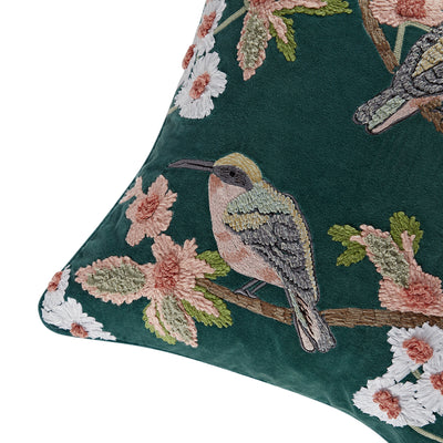 Lula Teal Meadow Serenade Embroidered Cotton Velvet Cushion