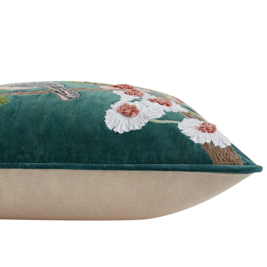 Lula Teal Meadow Serenade Embroidered Cotton Velvet Cushion