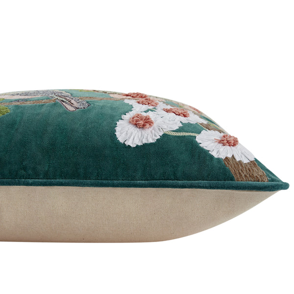 Lula Teal Meadow Serenade Embroidered Cotton Velvet Cushion - daals