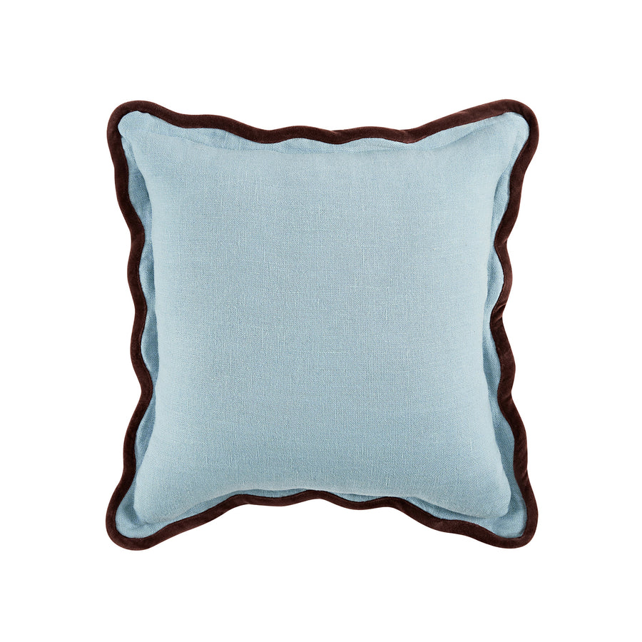 Mabel Blue Linen & Cocoa Cotton Velvet Scallop Cushion