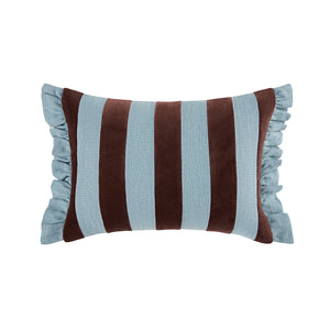 Mabel Blue Linen & Cocoa Cotton Velvet Striped Reversible Ruffle Rectangular Cushion