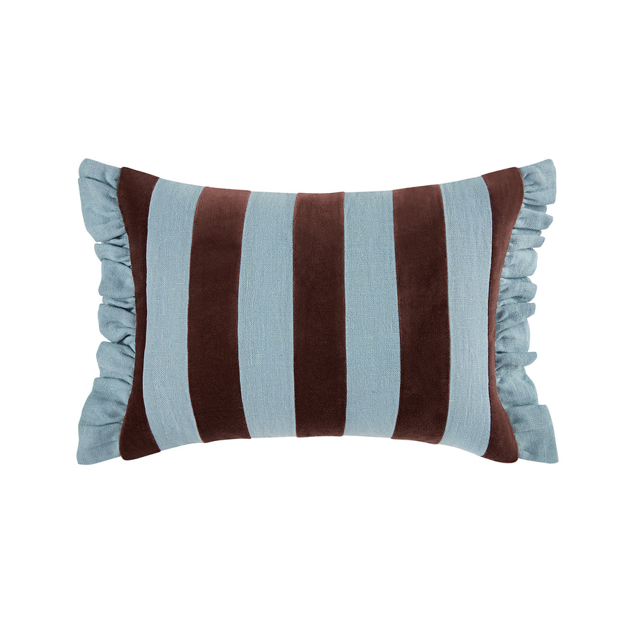 Mabel Blue Linen & Cocoa Cotton Velvet Striped Reversible Ruffle Rectangular Cushion