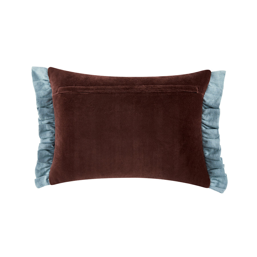 Mabel Blue Linen & Cocoa Cotton Velvet Striped Reversible Ruffle Rectangular Cushion