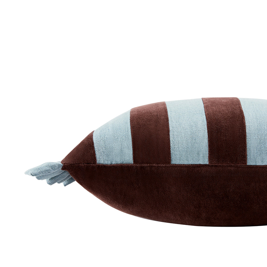 Mabel Blue Linen & Cocoa Cotton Velvet Striped Reversible Ruffle Rectangular Cushion