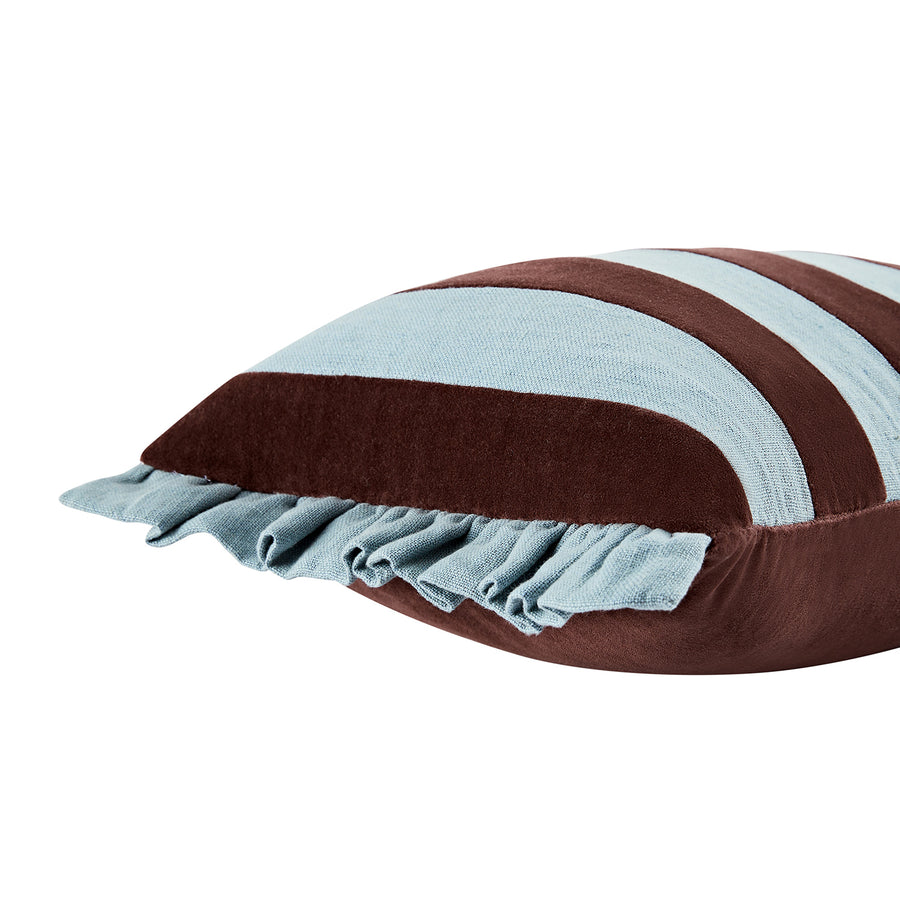 Mabel Blue Linen & Cocoa Cotton Velvet Striped Reversible Ruffle Rectangular Cushion