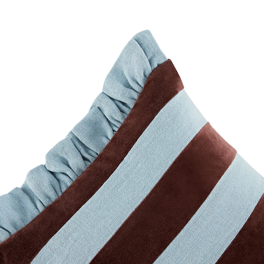 Mabel Blue Linen & Cocoa Cotton Velvet Striped Reversible Ruffle Rectangular Cushion
