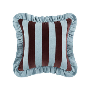 Mabel Blue Linen & Cocoa Cotton Velvet Striped Reversible Ruffle Cushion