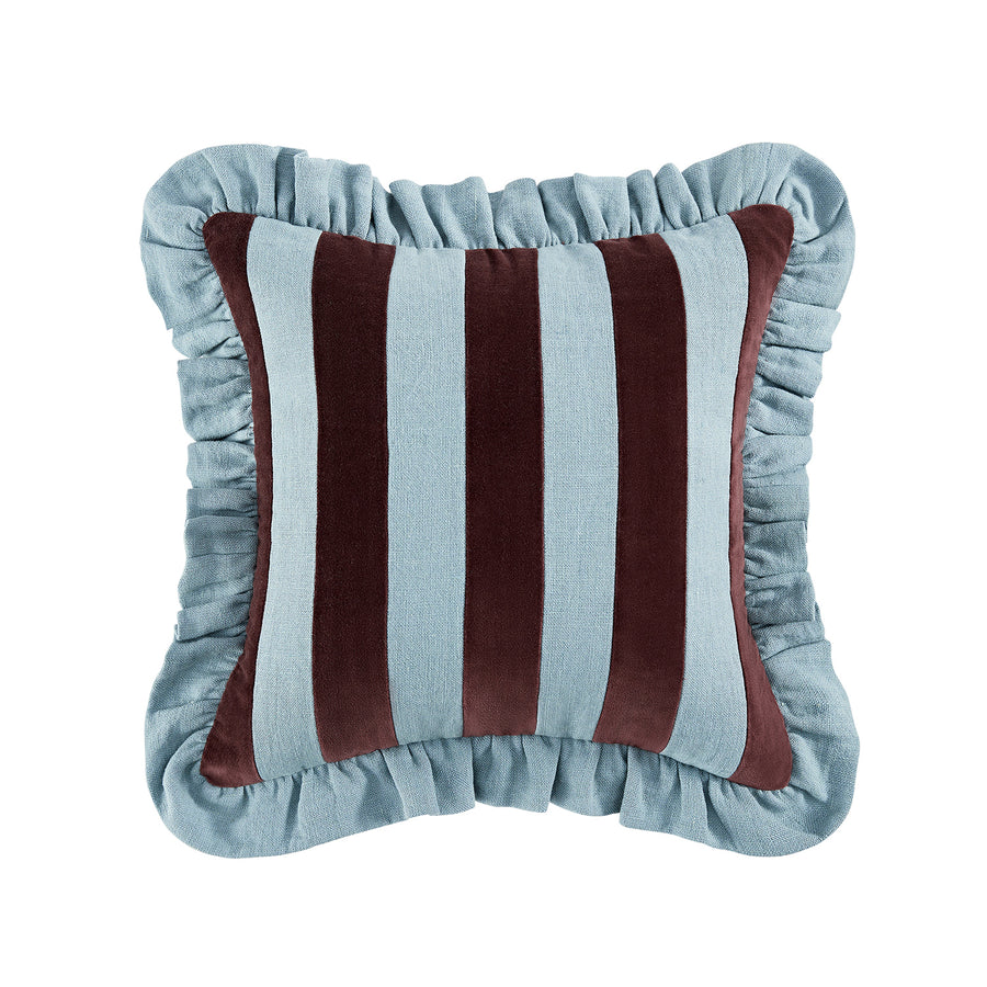 Mabel Blue Linen & Cocoa Cotton Velvet Striped Reversible Ruffle Cushion