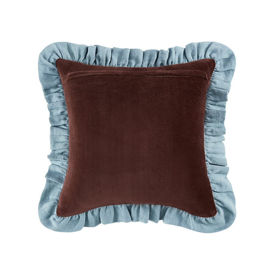 Mabel Blue Linen & Cocoa Cotton Velvet Striped Reversible Ruffle Cushion