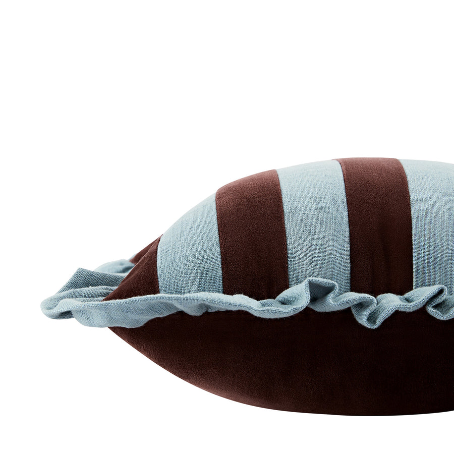 Mabel Blue Linen & Cocoa Cotton Velvet Striped Reversible Ruffle Cushion