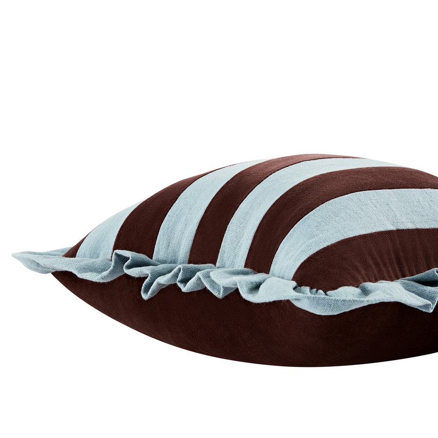 Mabel Blue Linen & Cocoa Cotton Velvet Striped Reversible Ruffle Cushion