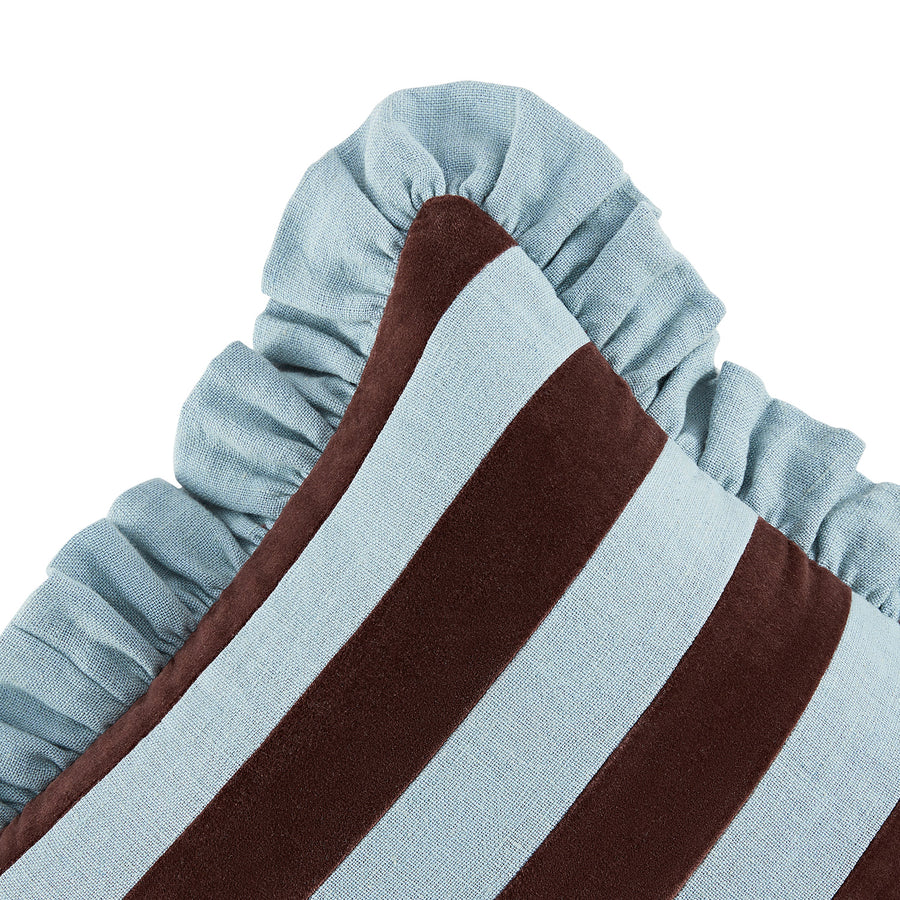 Mabel Blue Linen & Cocoa Cotton Velvet Striped Reversible Ruffle Cushion