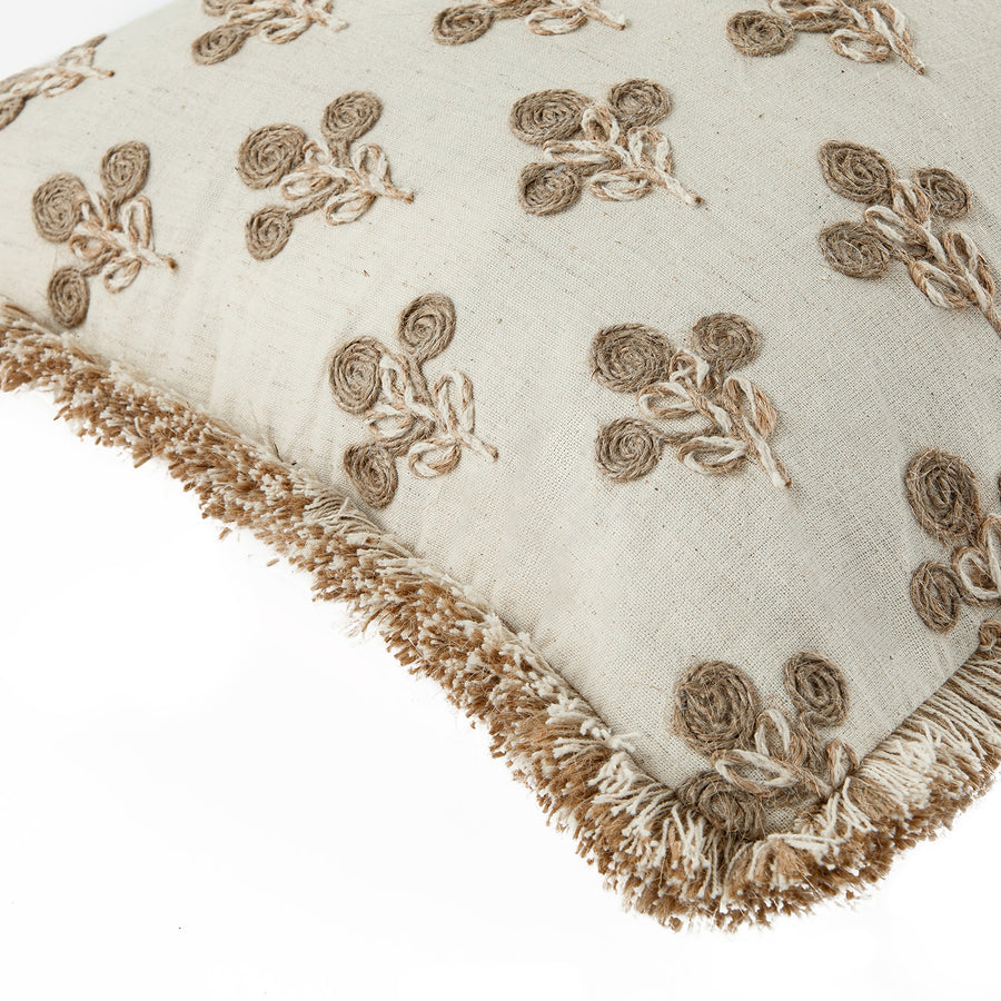 Maison Neutral Betsy Jute Floral Fringed Rectangular Cushion