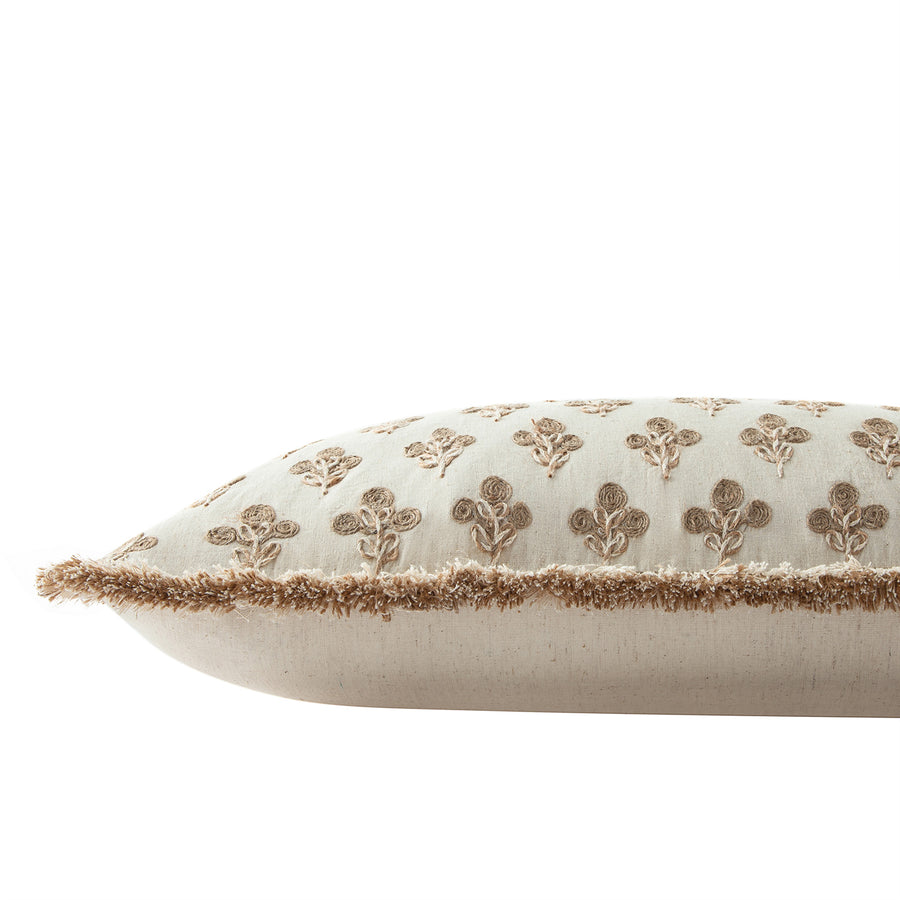 Maison Neutral Betsy Jute Floral Fringed Lumbar Cushion