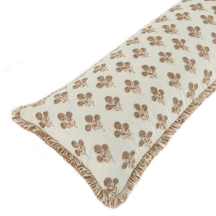 Maison Neutral Betsy Jute Floral Fringed Lumbar Cushion