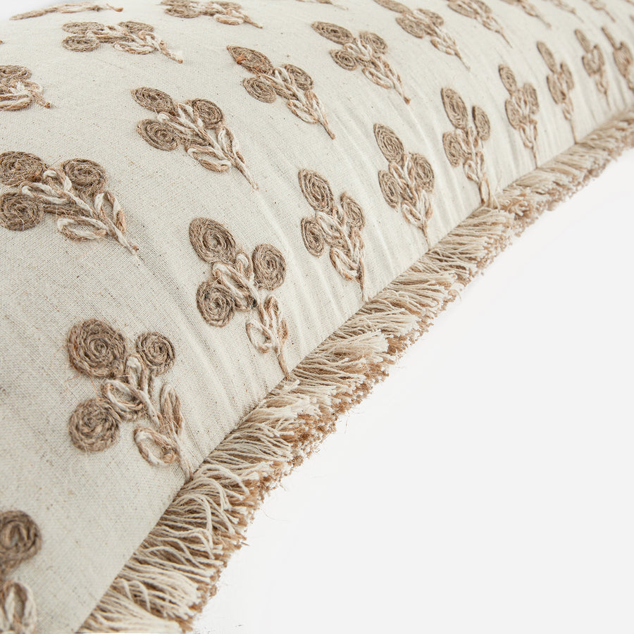 Maison Neutral Betsy Jute Floral Fringed Lumbar Cushion