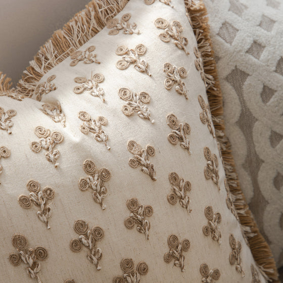 Maison Neutral Betsy Jute Floral Fringed Cushion