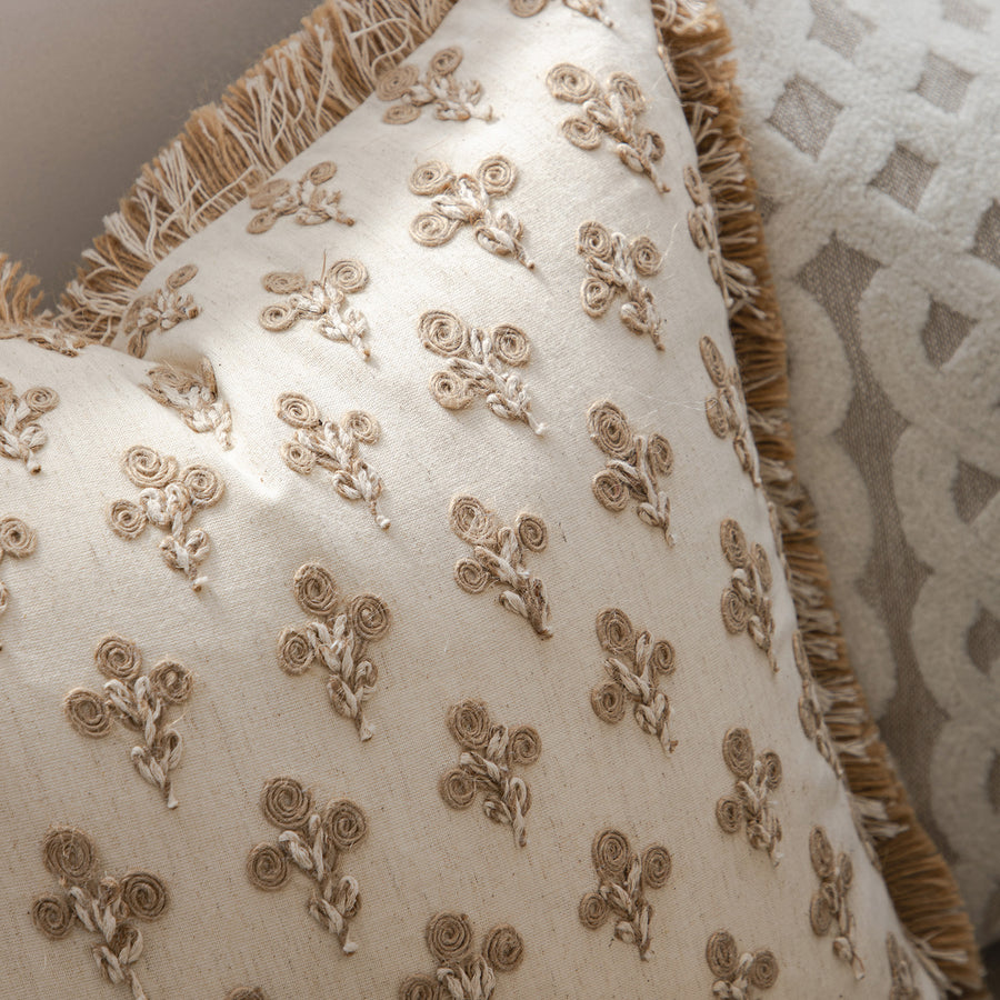 Maison Neutral Betsy Jute Floral Fringed Cushion