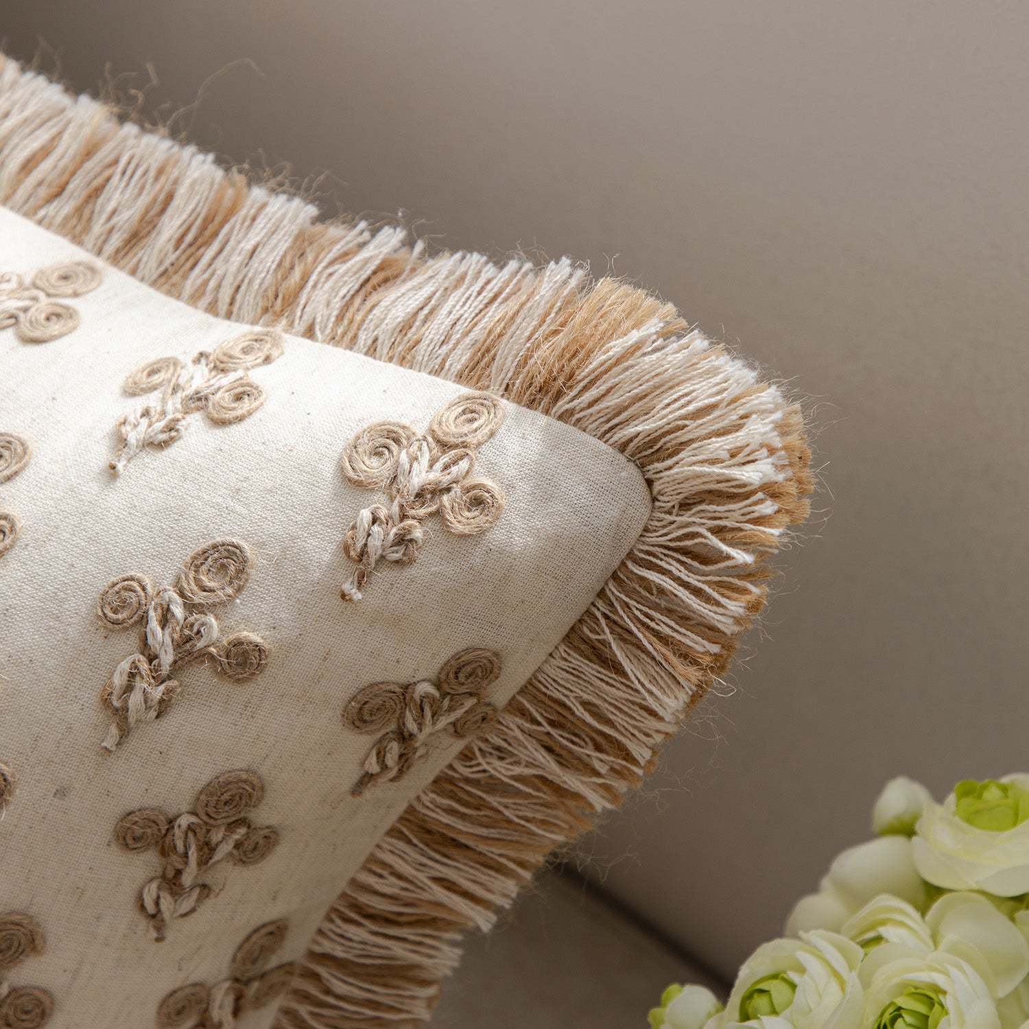 Maison Neutral Betsy Jute Floral Fringed Cushion
