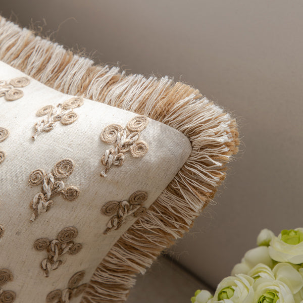 Maison Neutral Betsy Jute Floral Fringed Cushion