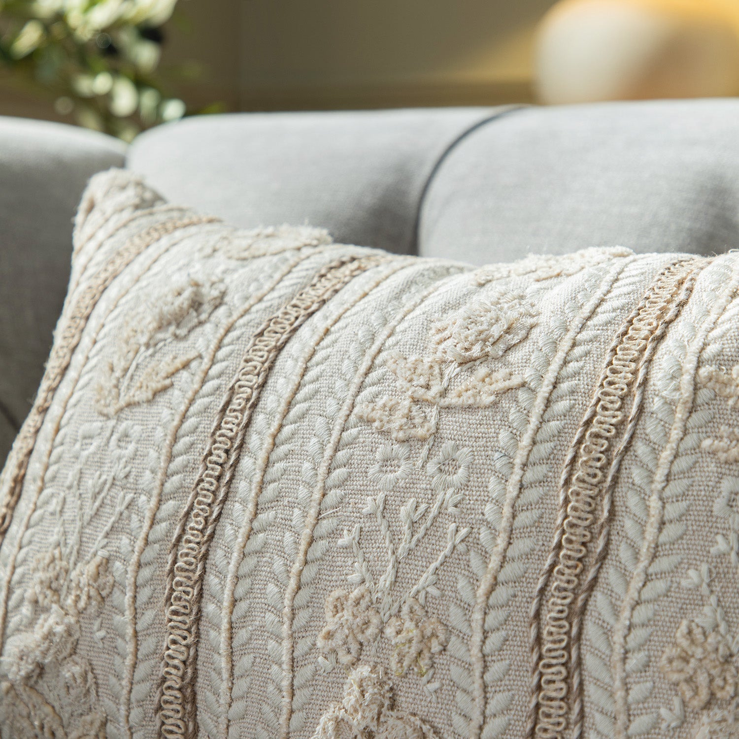 Maison Neutral Sophia Jute Lace Embroidered Cushion