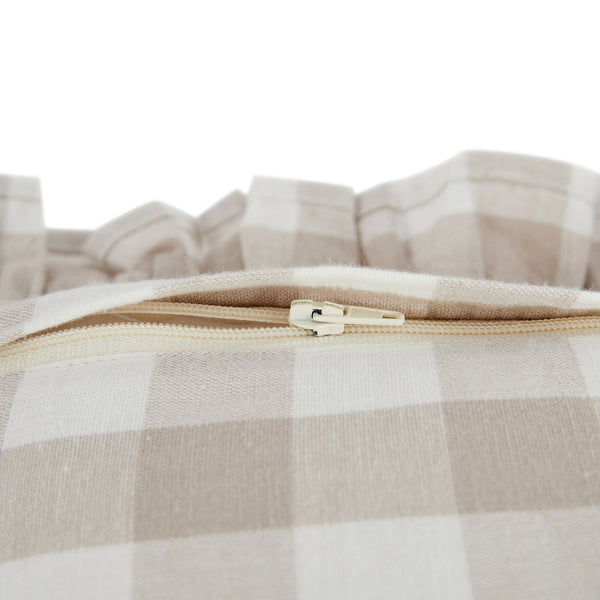 Matilda Beige Gingham Ruffle Floral Embroidered Linen Blend Cushion