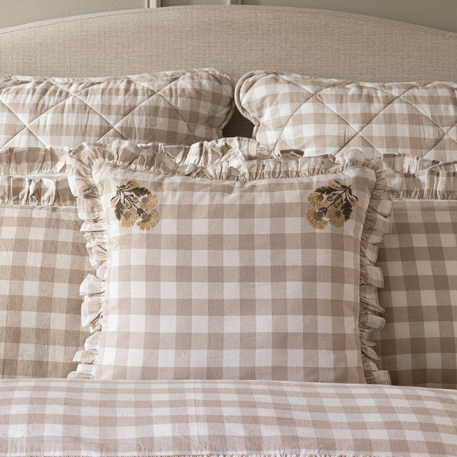Matilda Beige Gingham Ruffle Floral Embroidered Linen Blend Cushion