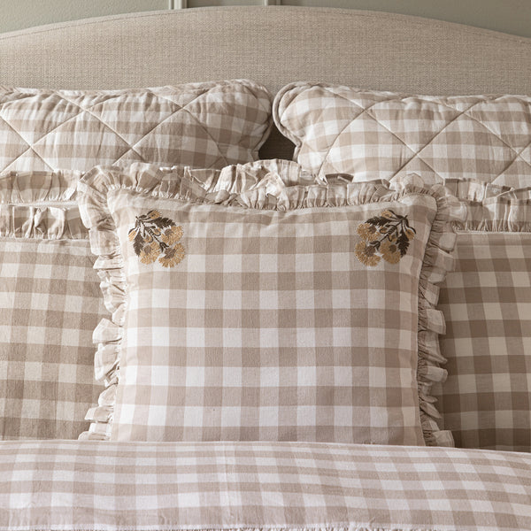 Matilda Beige Gingham Ruffle Floral Embroidered Linen Blend Cushion - daals
