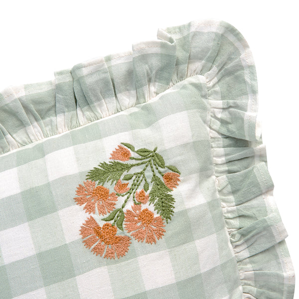 Matilda Sage Green Gingham Ruffle Floral Embroidered Linen Blend Cushion
