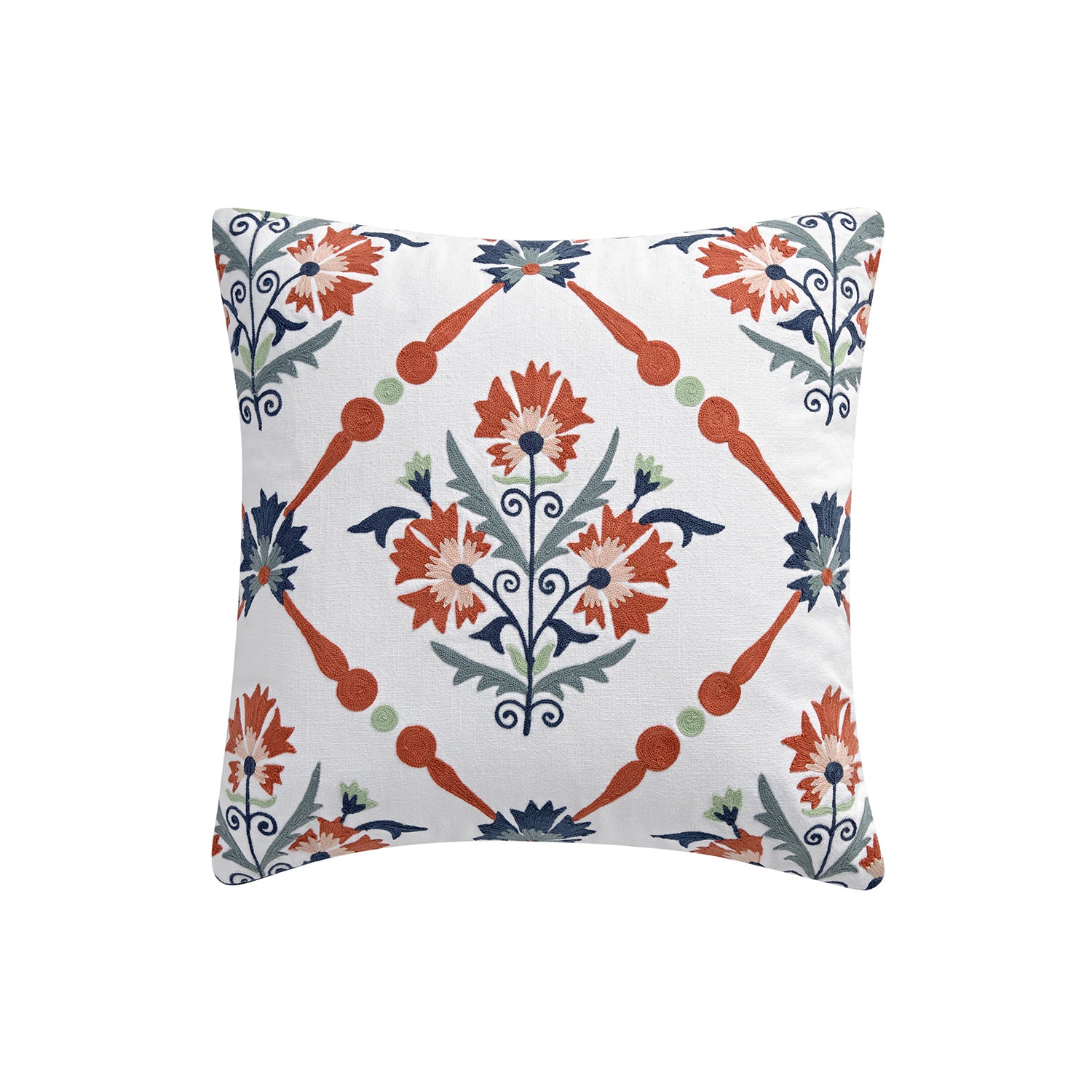 Paloma Burnt Terracotta Orange & Blue Floral Embroidered Cotton Cushion