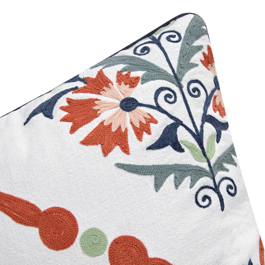 Paloma Burnt Terracotta Orange & Blue Floral Embroidered Cotton Cushion - daals