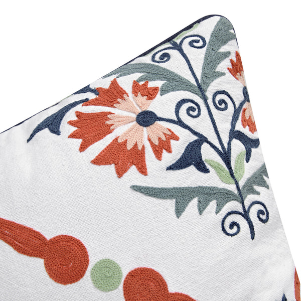 Paloma Burnt Terracotta Orange & Blue Floral Embroidered Cotton Cushion