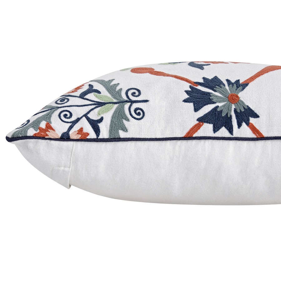 Paloma Burnt Terracotta Orange & Blue Floral Embroidered Cotton Cushion - daals
