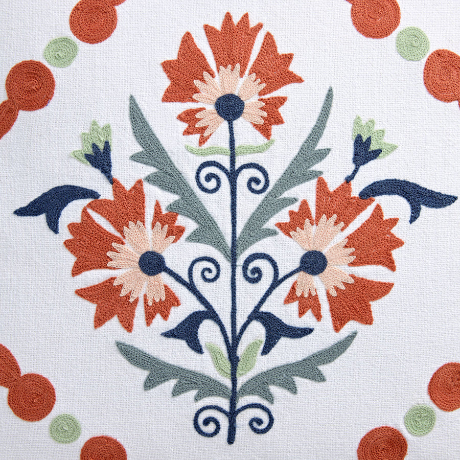 Paloma Burnt Terracotta Orange & Blue Floral Embroidered Cotton Cushion - daals
