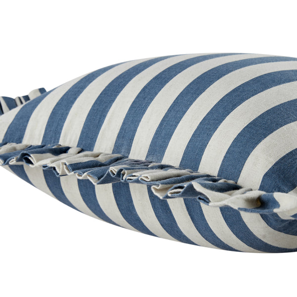 Eliza French Blue Striped Ruffle Linen Blend Cushion
