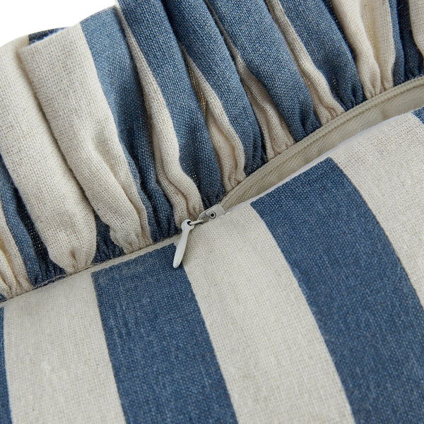 Eliza French Blue Striped Ruffle Linen Blend Cushion