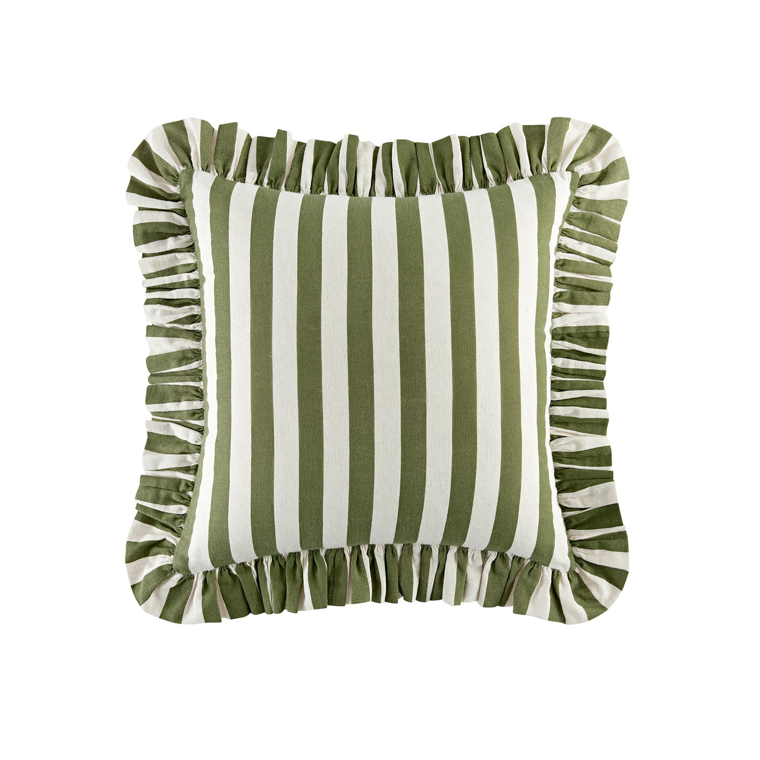Eliza Olive Green Striped Ruffle Linen Blend Cushion